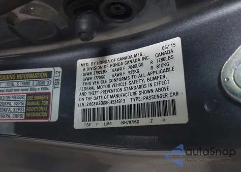 2015 Honda Civic Ex-L from USA, damaged, VIN 2HGFG3B08FH524913